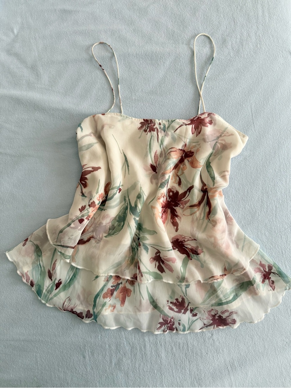 Cream Ruffle Spaghetti Strap Top - floral